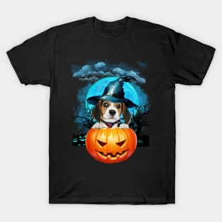 Beagle Witch Hat Pumpkin And Blue Moon Halloween T-Shirt